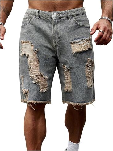 شورت جينز ممزق للرجال من MakeMeChic بحافة ممزقة وواسعة الساق هيب هوب Y2K Cargo Denim Jorts in Saudi Arabia