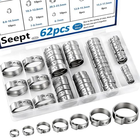 Seept 62 قطعة 7 مقاسات 304 مشابك خرطوم أذن واحدة من الفولاذ المقاوم للصدأ 6-23.5 مم مجموعة متنوعة من مشابك خرطوم تجعيد مثالية للسيارات/الأجهزة المنزلية/أنابيب المياه وخط الوقود مشبك خرطوم بدون خطوات in Kuwait