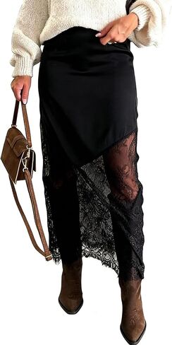 Satin Skirts for Women High Waist Lace Skirts Y2K Elegant Lace Patchwork Skirt Solid Silk Wrap Maxi Skirts 2026 in Kuwait
