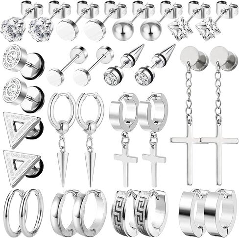 15 Pairs Earrings for Men, Stainless Steel Earrings Stud Kit for Men Women Fashion Piercing Jewelry Cross Dangle Hoop Earrings Set in Kuwait