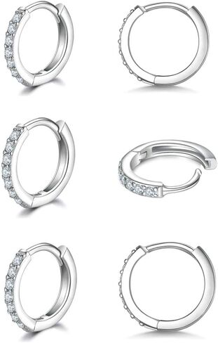 925 Sterling Silver Small Hoop Earrings Cubic Zirconia Huggie Hoop Earrings, 3 Pairs 14K White Gold Plated Cartilage Piercing Earrings Ear Cuff Tiny Hoop Earrings for Women Men in Kuwait