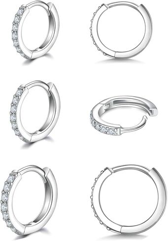 925 Sterling Silver Small Hoop Earrings Cubic Zirconia Huggie Hoop Earrings, 3 Pairs 14K White Gold Plated Cartilage Piercing Earrings Ear Cuff Tiny Hoop Earrings for Women Men in Kuwait
