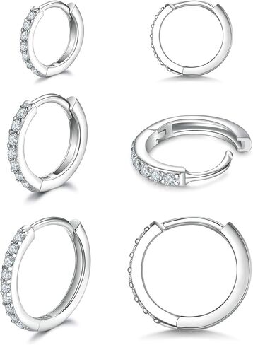 925 Sterling Silver Small Hoop Earrings Cubic Zirconia Huggie Hoop Earrings, 3 Pairs 14K White Gold Plated Cartilage Piercing Earrings Ear Cuff Tiny Hoop Earrings for Women Men in Kuwait