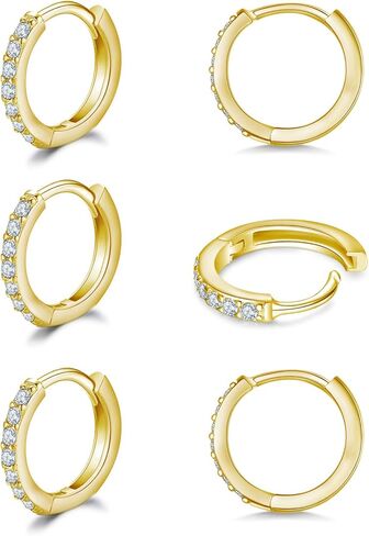 925 Sterling Silver Small Hoop Earrings Cubic Zirconia Huggie Hoop Earrings, 3 Pairs 14K White Gold Plated Cartilage Piercing Earrings Ear Cuff Tiny Hoop Earrings for Women Men in Kuwait
