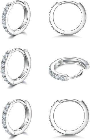 925 Sterling Silver Small Hoop Earrings Cubic Zirconia Huggie Hoop Earrings, 3 Pairs 14K White Gold Plated Cartilage Piercing Earrings Ear Cuff Tiny Hoop Earrings for Women Men in Kuwait