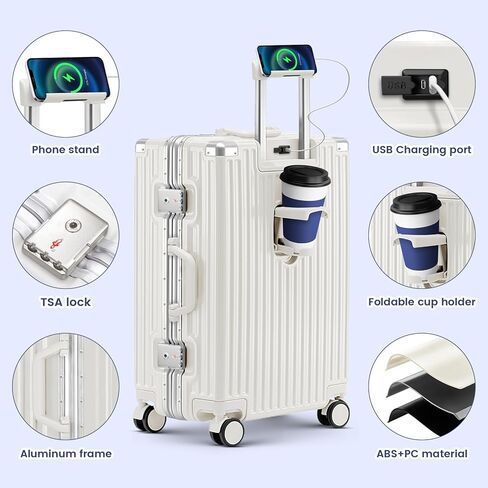 20 Inch Carry On Suitcase, Aluminum Frame Zipperless Hard Shell Luggage with Spinner Wheels, TSA Lock, USB Charging Port, Phone Holder, Cup Holder for Business Travel and Trips, White in Saudi Arabia