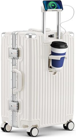 20 Inch Carry On Suitcase, Aluminum Frame Zipperless Hard Shell Luggage with Spinner Wheels, TSA Lock, USB Charging Port, Phone Holder, Cup Holder for Business Travel and Trips, White in Saudi Arabia