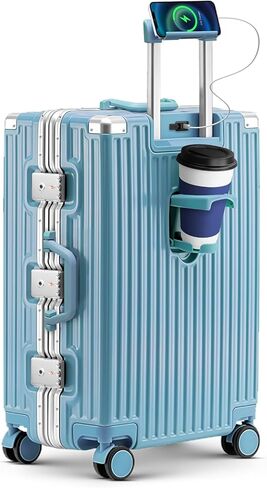 20 Inch Carry On Suitcase, Aluminum Frame Zipperless Hard Shell Luggage with Spinner Wheels, TSA Lock, USB Charging Port, Phone Holder, Cup Holder for Business Travel and Trips, White in Saudi Arabia