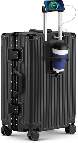 20 Inch Carry On Suitcase, Aluminum Frame Zipperless Hard Shell Luggage with Spinner Wheels, TSA Lock, USB Charging Port, Phone Holder, Cup Holder for Business Travel and Trips, White in Saudi Arabia