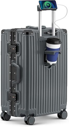 20 Inch Carry On Suitcase, Aluminum Frame Zipperless Hard Shell Luggage with Spinner Wheels, TSA Lock, USB Charging Port, Phone Holder, Cup Holder for Business Travel and Trips, White in Saudi Arabia