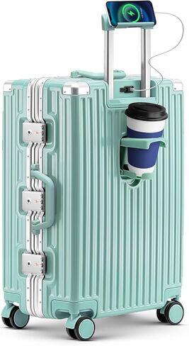 20 Inch Carry On Suitcase, Aluminum Frame Zipperless Hard Shell Luggage with Spinner Wheels, TSA Lock, USB Charging Port, Phone Holder, Cup Holder for Business Travel and Trips, White in Saudi Arabia