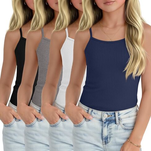 4 Pack Girls' Tank Tops Kid Undershirts Camisole Ribbed Sleeveless Spaghetti Strap Basic Summer Cami for 5-14 Years in Kuwait