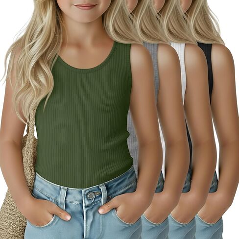 4 Pack Girls Tank Tops Sleeveless Shirts Ribbed Textured Knit Tee Round Neck Basic Kids Undershirts Summer in Kuwait