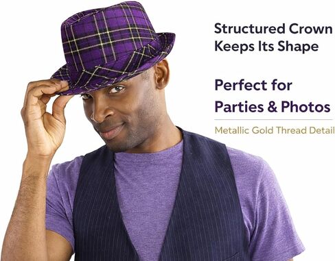 GiftExpress Mardi Gras Fedora Hat, Purple Plaid Costume Party Hat for Men and Women, Parade & Photo Booth Accessory, One Size Fits Most Adults in Saudi Arabia