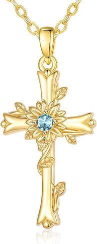 14K Gold Cross Pendant Necklace for Women Sunflower Cross Jewelry Aquamarine March Birthstone Necklace Catholic Christian Religious Valentines Day Birthday Gifts for Wife Girlfriend Her in Saudi Arabia