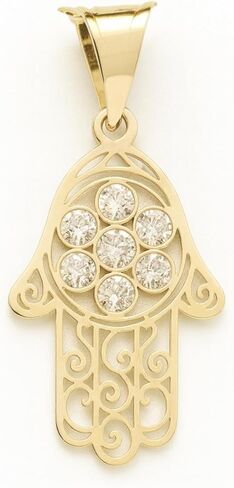 14k or 10k Solid Gold Hamsa Hand Pendant, Protective Charm with Cubic Zirconia Necklace, Yellow, Hand of Fatima, Miriam, Authenticity Stamp 14k, 585 in Saudi Arabia