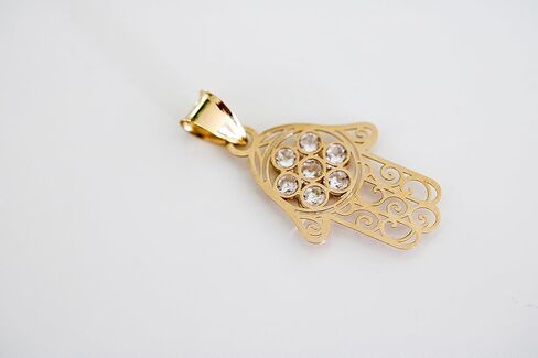14k or 10k Solid Gold Hamsa Hand Pendant, Protective Charm with Cubic Zirconia Necklace, Yellow, Hand of Fatima, Miriam, Authenticity Stamp 14k, 585 in Saudi Arabia