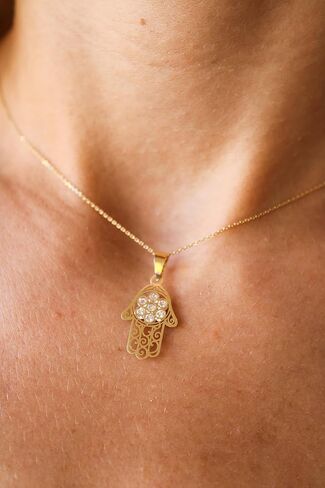 14k or 10k Solid Gold Hamsa Hand Pendant, Protective Charm with Cubic Zirconia Necklace, Yellow, Hand of Fatima, Miriam, Authenticity Stamp 14k, 585 in Saudi Arabia