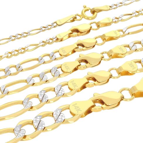 Nuragold 14k Real Yellow Gold Figaro Link Diamond Cut Two Tone Pave Chain Necklace 16"-30" (2mm-6.5mm) Italian Jewelry for Men & Women in Saudi Arabia
