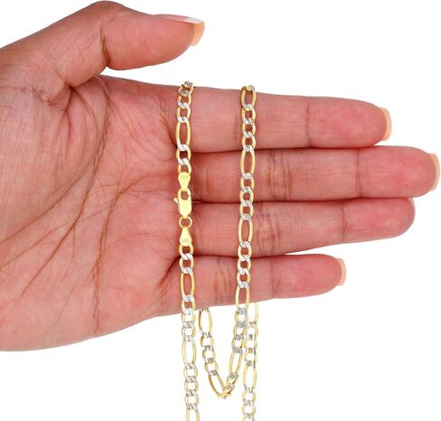 Nuragold 14k Real Yellow Gold Figaro Link Diamond Cut Two Tone Pave Chain Necklace 16"-30" (2mm-6.5mm) Italian Jewelry for Men & Women in Saudi Arabia