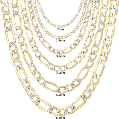 Nuragold 14k Real Yellow Gold Figaro Link Diamond Cut Two Tone Pave Chain Necklace 16"-30" (2mm-6.5mm) Italian Jewelry for Men & Women in Saudi Arabia