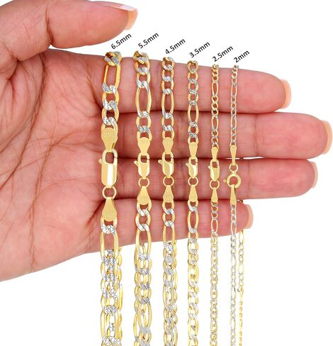 Nuragold 14k Real Yellow Gold Figaro Link Diamond Cut Two Tone Pave Chain Necklace 16"-30" (2mm-6.5mm) Italian Jewelry for Men & Women in Saudi Arabia