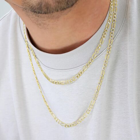 Nuragold 14k Real Yellow Gold Figaro Link Diamond Cut Two Tone Pave Chain Necklace 16"-30" (2mm-6.5mm) Italian Jewelry for Men & Women in Saudi Arabia