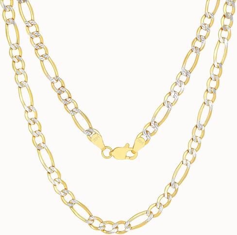 Nuragold 14k Real Yellow Gold Figaro Link Diamond Cut Two Tone Pave Chain Necklace 16"-30" (2mm-6.5mm) Italian Jewelry for Men & Women in Saudi Arabia