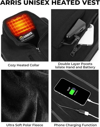 ARRIS Fleece Heated Vest for Men with Battery Pack Included, Size Adjustable 8 Heating Zones for Hunting in Saudi Arabia