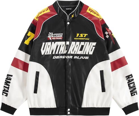 Vamtac Mens Racing Jackets Oversized Vintage Leather Bomber Jacket Baseball Racer Varsity Coats Streetwear in Saudi Arabia