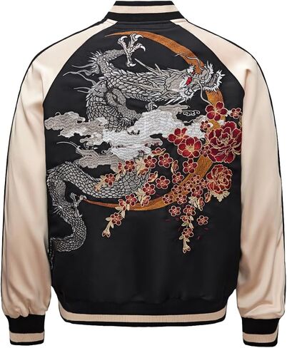 Satin Dragon Embroidery Men Bomber Jacket Vintage Hip Hop Streetwear Full-Zip Windbreaker for Spring Autumn in Kuwait