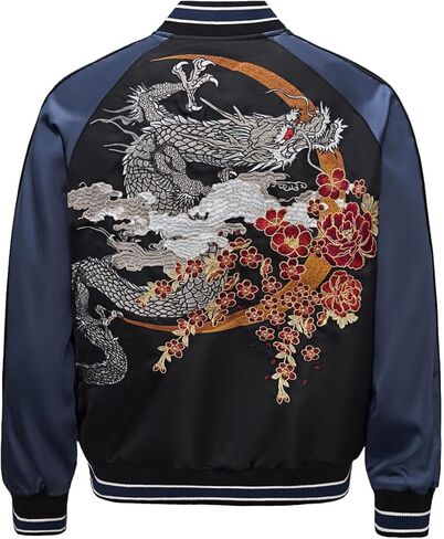 Satin Dragon Embroidery Men Bomber Jacket Vintage Hip Hop Streetwear Full-Zip Windbreaker for Spring Autumn in Saudi Arabia
