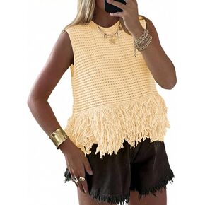 Saodimallsu Womens Crochet Crop Tank Tops Sleeveless Fringe Crew Neck Trendy Boho Knit Summer Sweater Vest in Kuwait