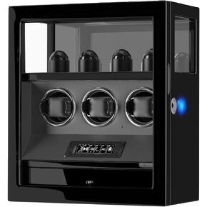 DUKWIN Watch Winder، قفل بصمة الإصبع التلقائي لساعات 3/6/9 مع 4 حوامل، 300-2300 TPD، شاشة رقمية، جهاز تحكم عن بعد، تخزين المجوهرات ووسادة ساعة قابلة للتعديل وإضاءة LED in Kuwait