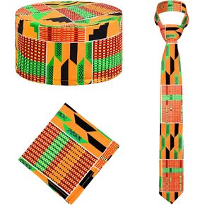 3 Pcs African Attire for Men African Kente Kufi Hat Kente Tie and Pocket Square for Black History Month Costume Accessories in Kuwait