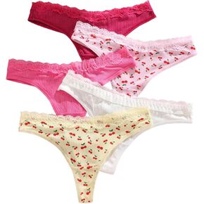 SHENHE Women's 5 Pack Thongs Panties Lace Trim Cherry Print Tanga Low Rise Soft Underwear in Saudi Arabia