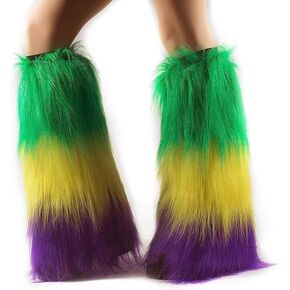 Fuzzy mardi gras Leg Warmers, Women's Purple Green Yellow Faux Fur Leg Covers - mardi gras Outfit for Women mardi gras Costume Accessories Carnival Heels Long Boots Cuff Cover for Party Dress Up in Saudi Arabia
