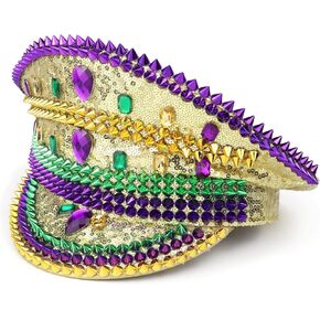 قبعة الكابتن Needzo باللونين الأخضر والأرجواني المرصعة بحجر الراين، وإكسسوارات للمهرجانات الموسيقية، وماردي غرا، وحفلات العزوبية، مقاس واحد يناسب معظم الأشخاص in Kuwait