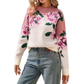 سترة المرأة الأزهار طويلة الأكمام Crewneck انخفاض الكتف نمط متماسكة سترة صوفية in Kuwait