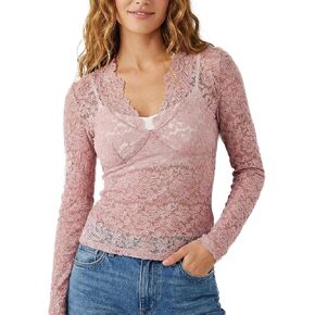 Women's Lace Blouse Long Sleeve Deep V Neck Sheer Slim Fit Floral Cute Going Out Blouse in Saudi Arabia