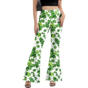 سروال ضيق للنساء من St Patricks Day Bell، مقاس كبير بخصر عالٍ ومطبوع ومتوهج وسروال أخضر وأبيض in Kuwait