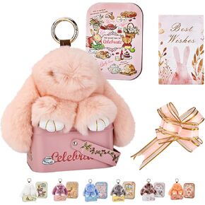 Bunny Keychain with Tin Box Soft Fluffy Handmade Rabbit Keychain with Best Wishes Card & Ribbon Bag Charm in Saudi Arabia