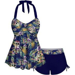 Rosegal Women Plus Size Goth Two Piece Tankini Set Skull Rose Flower Halter Swimsuits in Kuwait