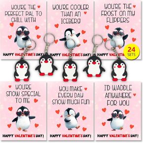 Valentines Day Gifts for Kids Classroom Penguins Keychain, Funny Keyrings with Cards for School Exchange, 24 Sets in Saudi Arabia