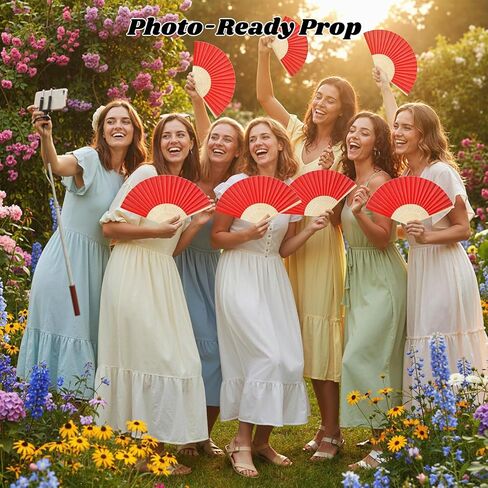 JOHOUSE 28 قطعة من مراوح اليد القماشية القابلة للطي، 8.3 بوصة مراوح قابلة للطي من القماش الأحمر محمولة باليد للحرف السائبة لحفلات الزفاف والرقص والسنة الصينية الجديدة لتزيين حفلات هيباتشي هدية جاهزة in Kuwait