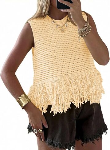 Saodimallsu Womens Crochet Crop Tank Tops Sleeveless Fringe Crew Neck Trendy Boho Knit Summer Sweater Vest in Kuwait