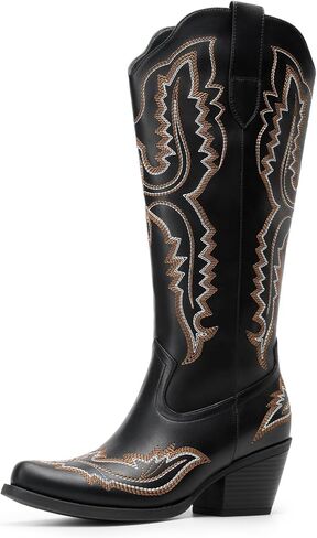 DREAM PAIRS Cowboy Knee High Boots for Women Western Retro Embroidered Cowgirl Boots Fashion Narrow Square Toe Comfortable Side Zipper Tall Boots for Ladies in Saudi Arabia