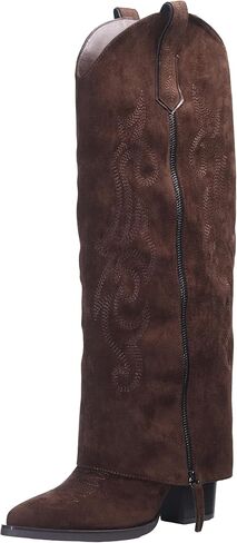 Women's Fold Over Knee High Cowboy Boots with Double-Layer Zipper, Chunky Block Heel,Tall Boots for Casual, Office, Party and Daily Wear in Kuwait