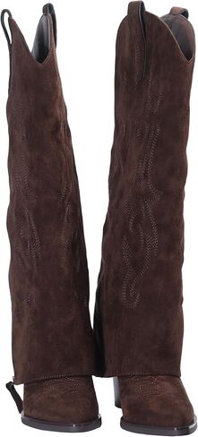 Women's Fold Over Knee High Cowboy Boots with Double-Layer Zipper, Chunky Block Heel,Tall Boots for Casual, Office, Party and Daily Wear in Kuwait