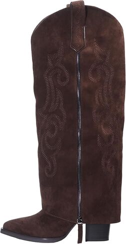 Women's Fold Over Knee High Cowboy Boots with Double-Layer Zipper, Chunky Block Heel,Tall Boots for Casual, Office, Party and Daily Wear in Kuwait